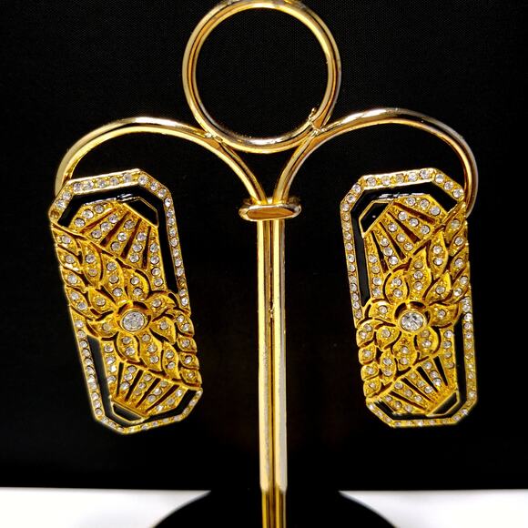 Art Deco Style Large Earrings, Clear Rhinestones, Black Enamel, 1980s Vintage - Picture 9 of 10